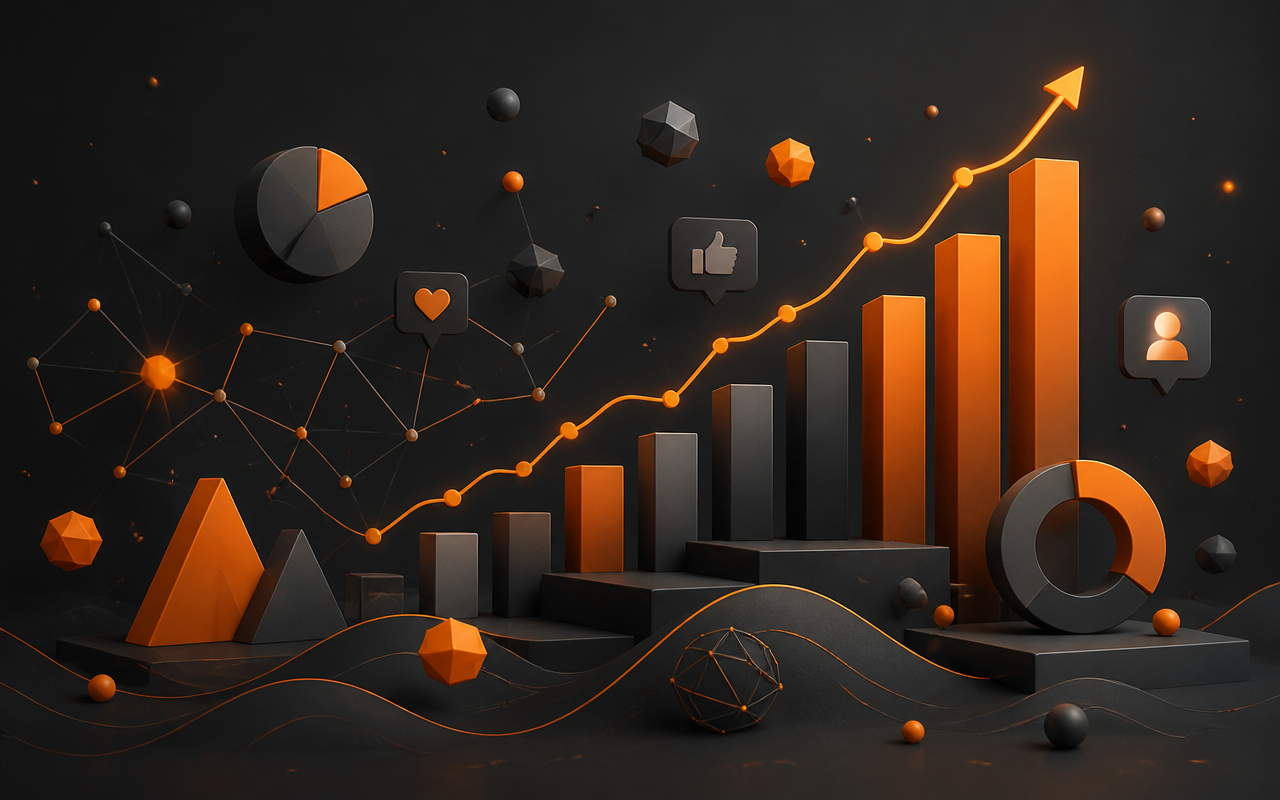 Απεικόνιση performance marketing με γραφήματα ανάπτυξης και δίκτυα δεδομένων